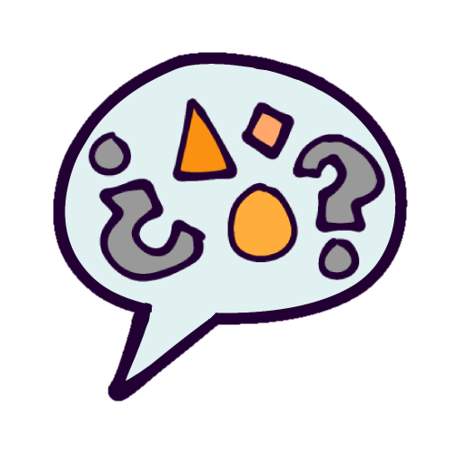 Several orange shapes with a grey upside-down question mark (¿) to their left, and a grey question mark (?) to their right, all inside a bluish-white speech bubble. The shapes are a triangle, circle, and square, and each are a slightly different shade of orange.